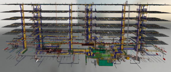 Рис. 2: Модель инженерных систем проекта в 3D – концепция устойчивости сертифицирована по стандарту устойчивого развития «DGNB Gold» (изображение: PLANplus)