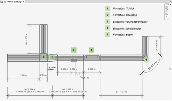 Abb. 1: Aufmaßbeispiel Luftleitungsdämmung mit  Teilstreckenbemaßung in Revit