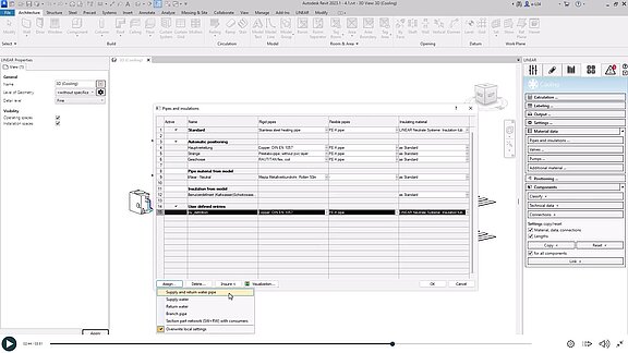 Pipe material - Cooling pipe network calculation in Revit with LINEAR 