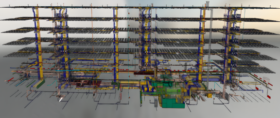 Fig. 2: Design of the MEP disciplines in a 3D model. The sustainable concept was certified with the “DGNB Gold” sustainability standard (Image: PLANplus)