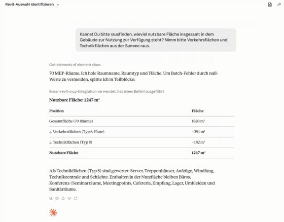 Abbildung 2: Erstes KI-Fallbeispiel | Durchführung mit Claude – „Wie viel nutzbare Fläche steht im Gebäude zur Verfügung — ohne Verkehrs- und Technikflächen“ © LINEAR