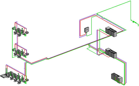 3D model - Potable water network with central water heating and circulation