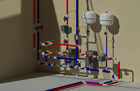 Afb. 5: 3D-planning van het warmteoverdrachtstation © JK Vloerverwarming