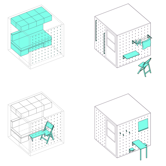 Abb. 5: Der CUBE ist eine frei bewegliche Raumeinheit und der zentrale Gestaltungsaspekt des Projekts. So werden flexible Lebensbereiche für verschiedene Lebenssituationen ermöglicht. © LOCAL+/SDE21/22