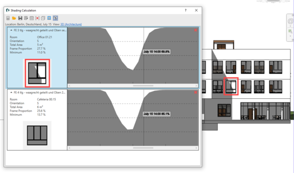 Figure 3: Validation aid for shading calculation: The highlighted window can be randomly checked against the  shading in the Revit model.