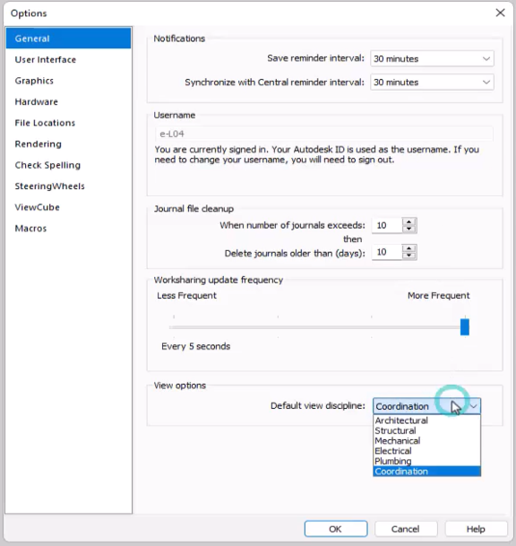 Basic Revit settings in options 