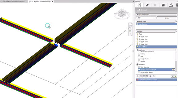 The pipeline routes in the model in the form of provision for voids can later be converted into pipes and ducts in accordance with the assigned cross-section. 