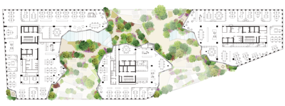 Fig. 3: Floor plan of the 5th floor with visualized greening © MVRDV