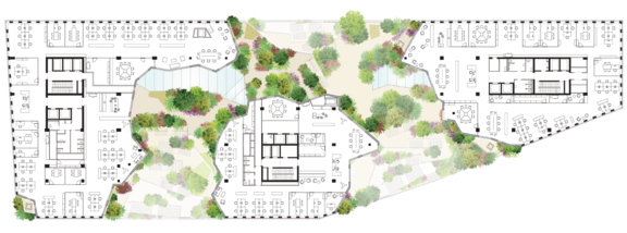 Afb. 3: Plattegrond van de 5e verdieping met gevisualiseerde vergroening © MVRDV