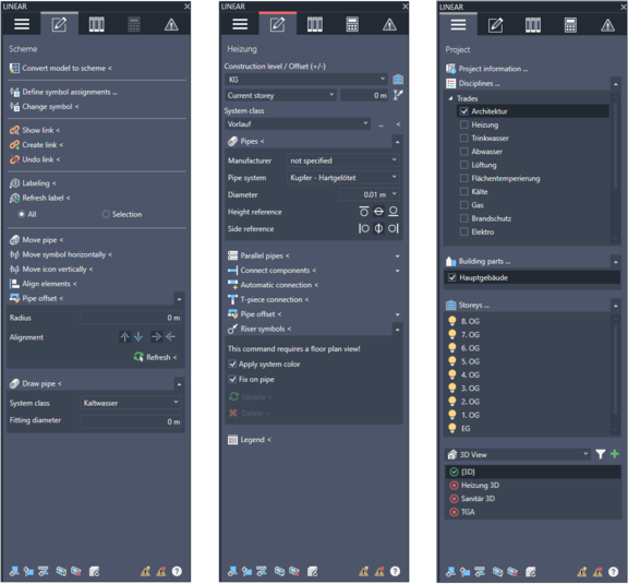 Fig. 2-4: The new dark mode in LINEAR Solution for Revit, and the new workflow for creating schemes (left)