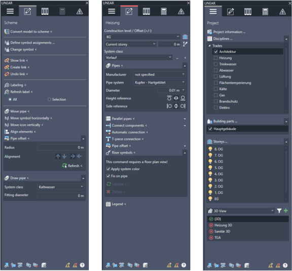 Afb. 2-4: De nieuwe donkere modus in LINEAR Solution for Revit en de nieuwe workflow voor het maken van schema's (links)