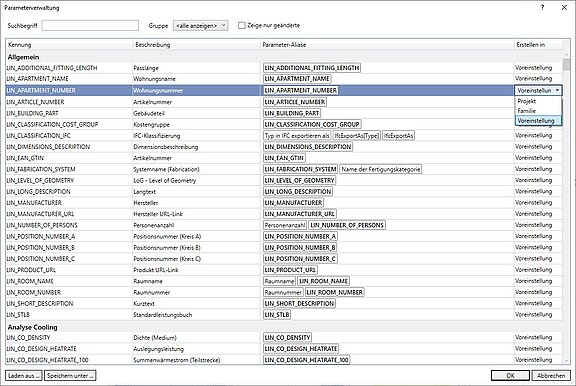 Parameterverwaltung - LINEAR Solutions für Revit