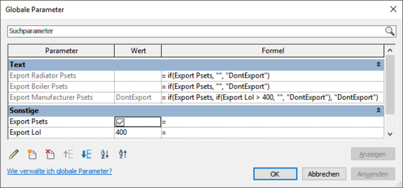 Export-Informationstiefe mittels Formelparametern in Revit