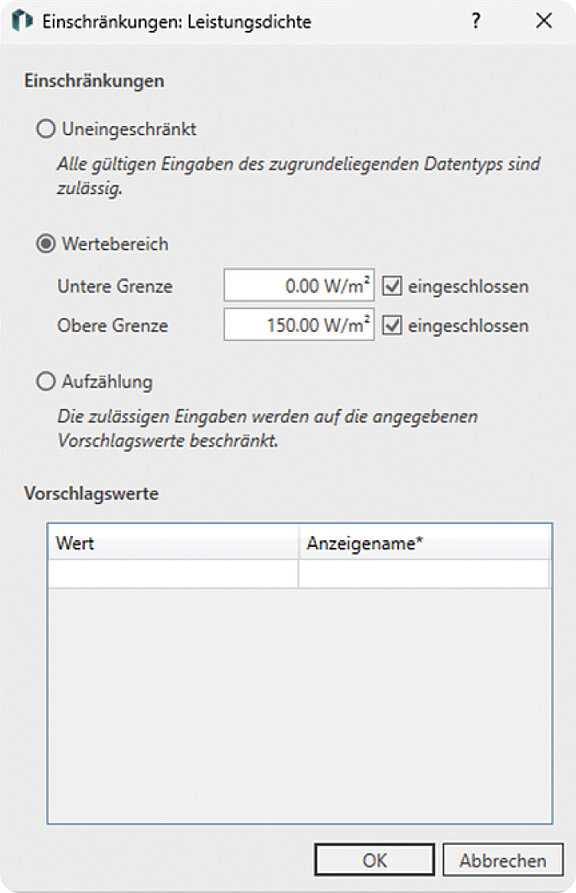 Abbildung 3: Einschränkungen der Wertebereiche für  Validierungszwecke