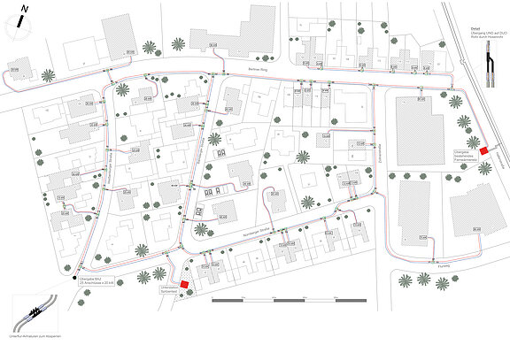 Verwarmingsnetwerk in een wijk met twee verwarmingscentra en vermazing (Bron: REHAU)