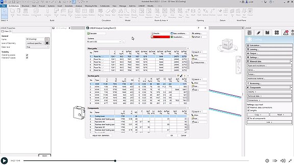 Calculation dialogue - Cooling pipe network calculation in Revit with LINEAR 