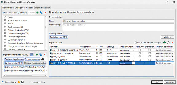 Abbildung 2: Elementklassen und Eigenschaftensätze in den LINEAR Solutions für Revit