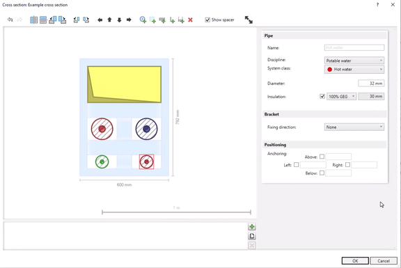 Using drag & drop, you can conveniently define and assign different cross-sections for pipeline routes. 