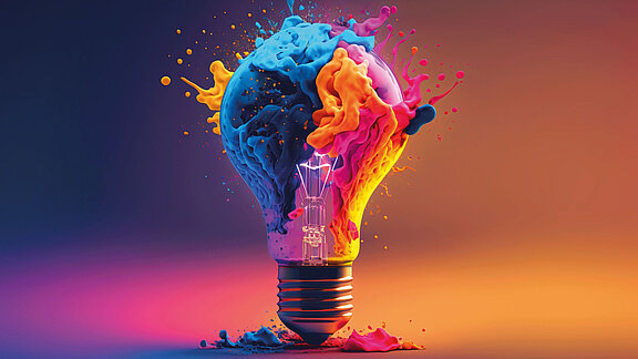 A colorful glowing 3d idea bulb lamp  