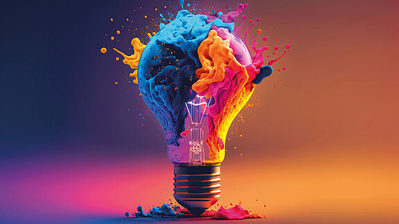 A colorful glowing 3d idea bulb lamp