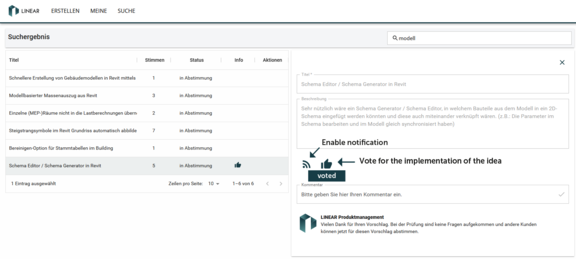 Fig. 3: Search for and vote for ideas that have already been submitted. (in German)