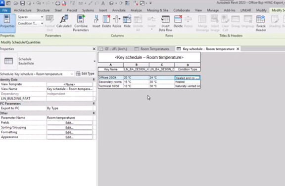 LINEAR Revit sleutelschema's Excel