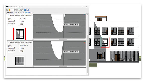 Abbildung 3: Validierungshilfe der Verschattungsberechnung: das markierte Fenster kann stichprobenartig mit der Verschattung im Revit-Modell verglichen werden.
