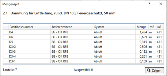 Abb. 2: Mengensplitansicht mit Darstellung der Teilstrecken  (LINEAR Mengenermittlung in Revit)