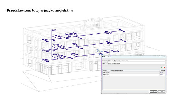 Rysunek 4: Schemat przebiegu przewodów wentylacyjnych w biurze z centralą dachową