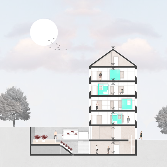 Design in section view, the lower two floors and the garden are accessible for all residents as a common area