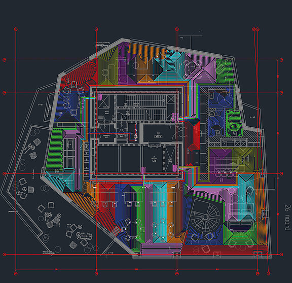 Fig. 6: Laid out and drawn in floor heating in the floor plan of the 26th floor © JK Vloerverwarming