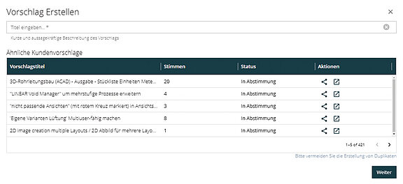 Abbildung 2: Neuen Vorschlag mit Live-Suche erstellen, um Vorschlags-Duplikate zu vermeiden.