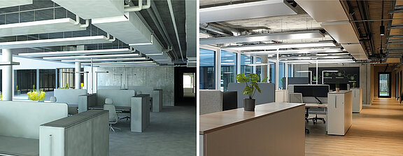 Voor-en-na-vergelijking van werkplekken op kantoor