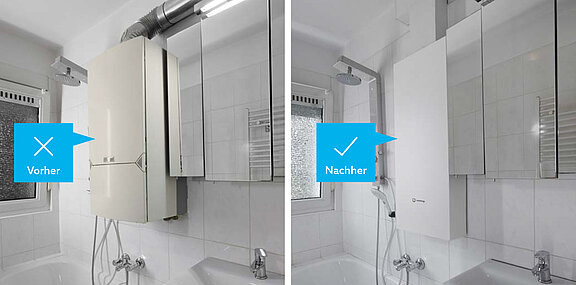 Abb. 3: © Oventrop Die Wohnungsstation Regudis W-HTE GT passt mit einer Breite von 440 Millimetern genau an den Platz der alten Gasthermen – und die passgenaue Abdeckung deckt die Wohnungsstationen sowie die Verrohrung optimal ab. Zusätzlich bringt die geringere Bautiefe im Vergleich zu Gasthermen mehr Platz.